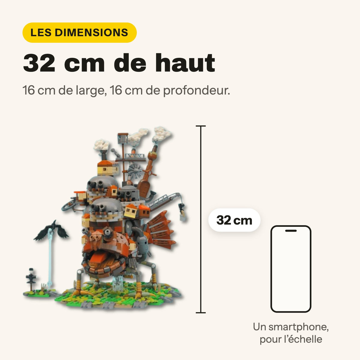 Medidas del castillo ambulante compatible con LEGO: 32 cm de alto, 16 cm de ancho y 16 cm de fondo