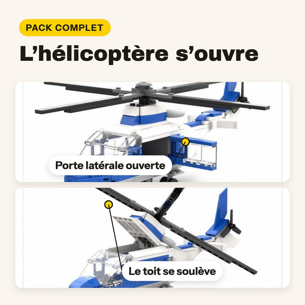 Helicóptero de Jurassic Park en ladrillos, puerta lateral y techo que se abren, pack completo