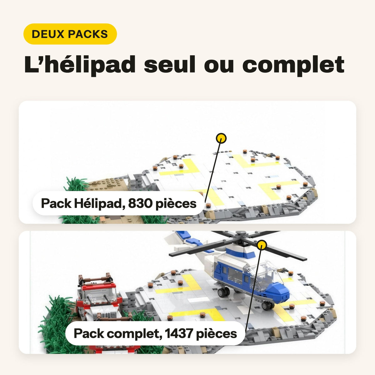 Los dos packs del helipuerto de Jurassic Park: helipuerto, 830 piezas, o completo, 1.437 piezas