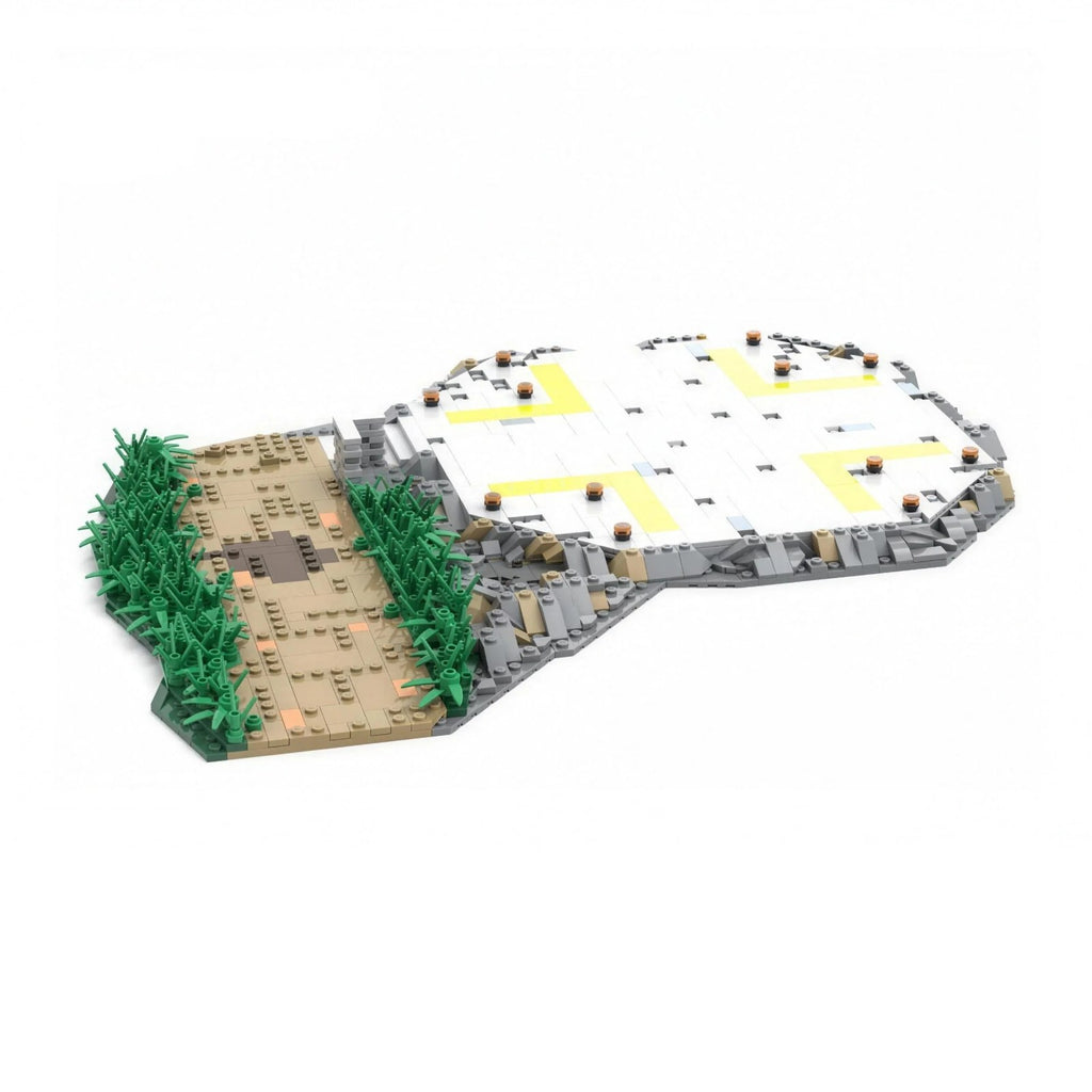 Diorama del helipuerto de Jurassic Park para construir, con camino y vegetación, ladrillos compatibles con LEGO