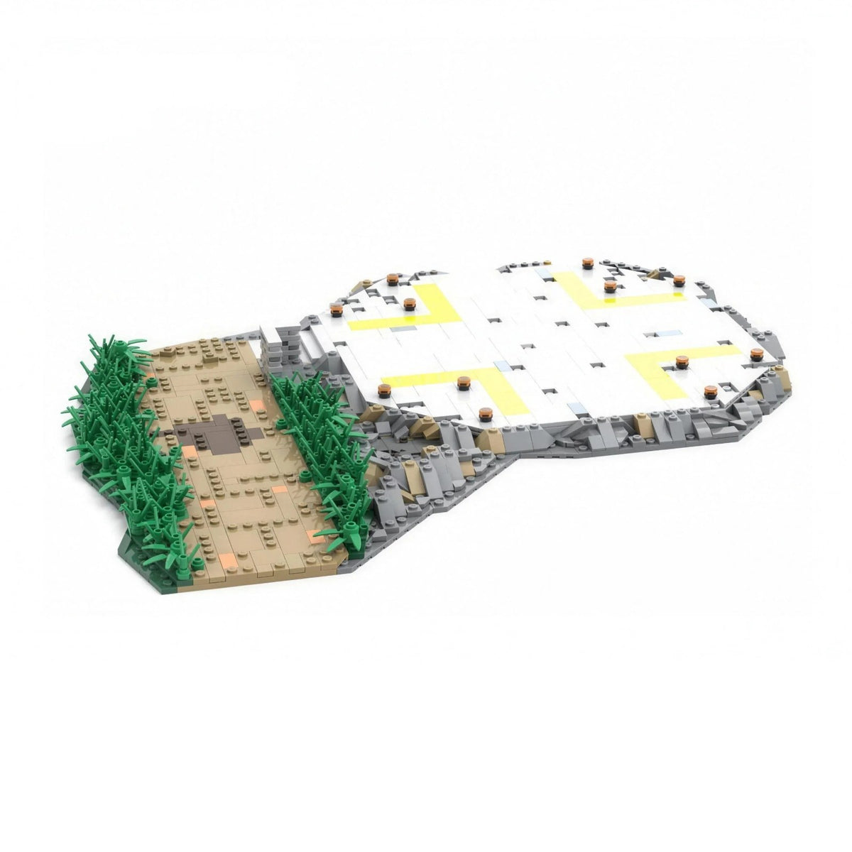 Diorama del helipuerto de Jurassic Park para construir, con camino y vegetación, ladrillos compatibles con LEGO