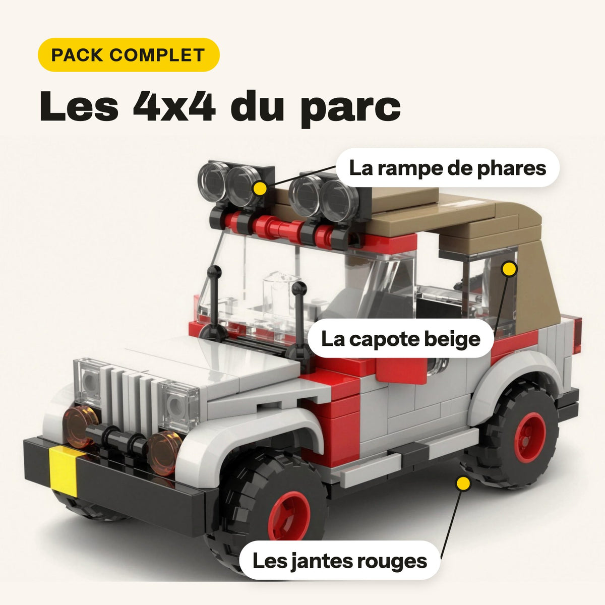 Todoterreno de Jurassic Park para construir con rampa de faros, capota beis y llantas rojas, pack completo
