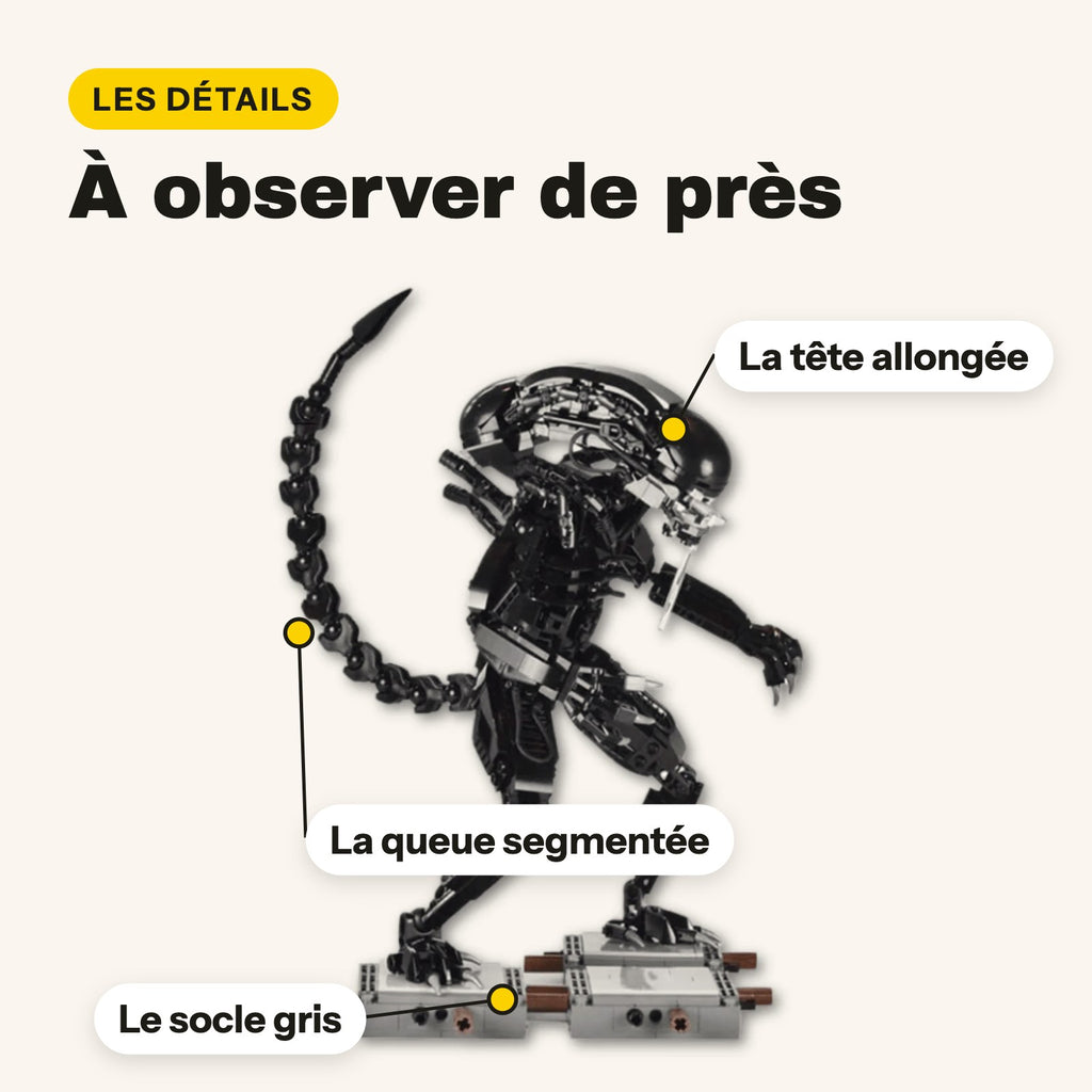 Detalles del xenomorfo de Alien de ladrillos: cabeza alargada, cola segmentada y peana gris