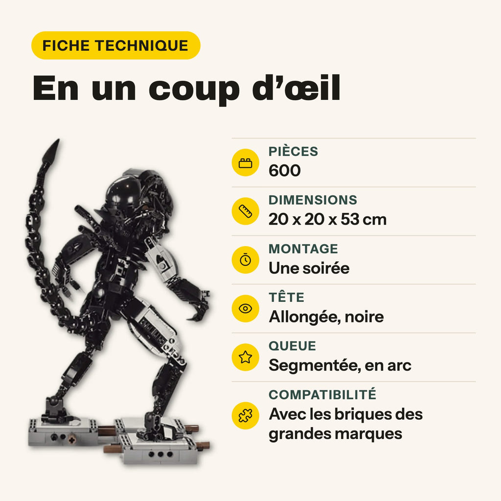 Ficha técnica de la figura del xenomorfo de Alien para construir, compatible con LEGO