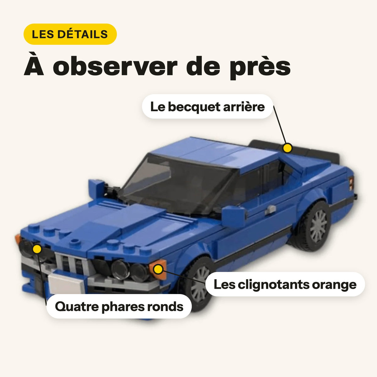 LEGO BMW 635 CSi, detalles: cuatro faros redondos, intermitentes naranjas y alerón trasero