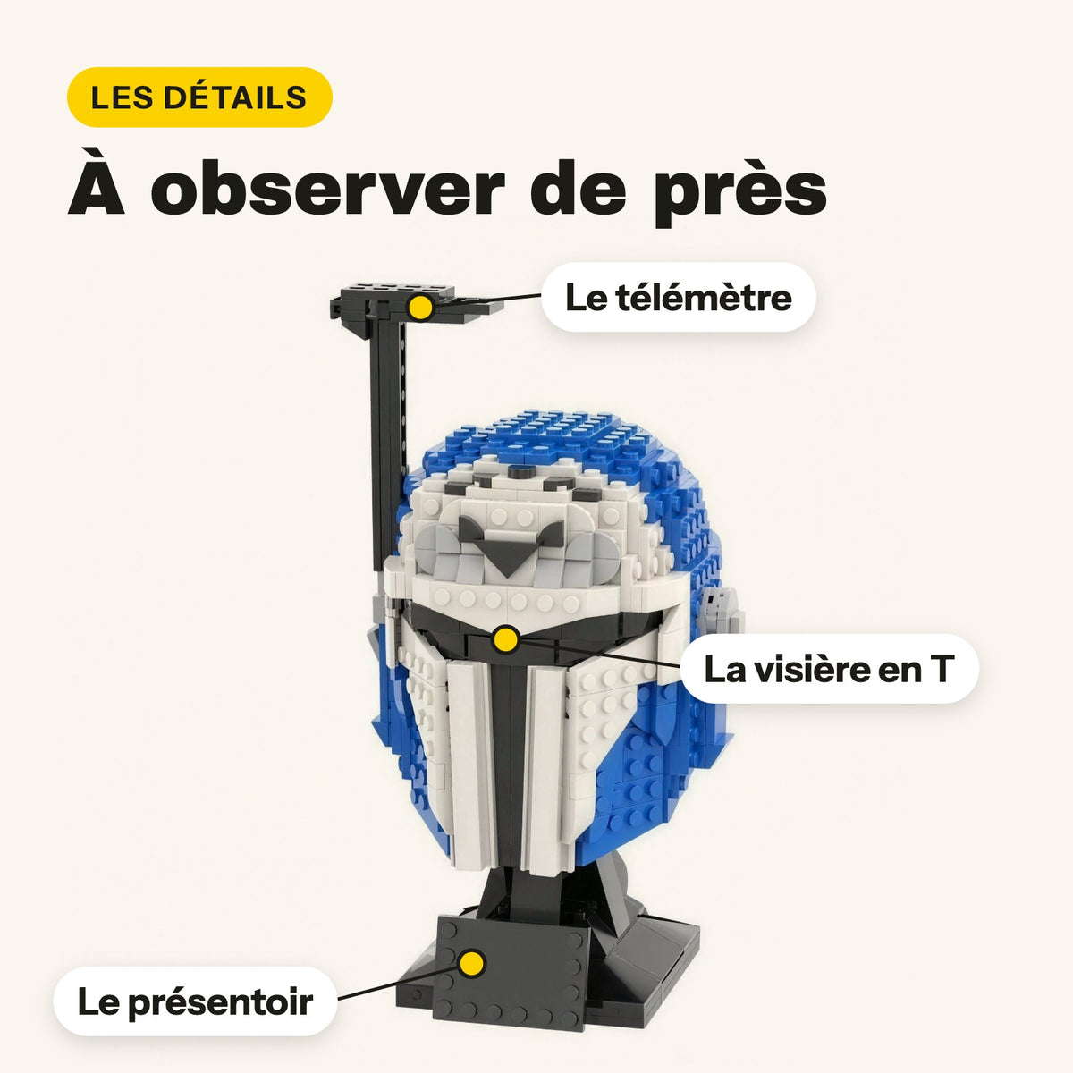 Telémetro, visor en T y expositor del casco mandaloriano de Bo-Katan en ladrillos