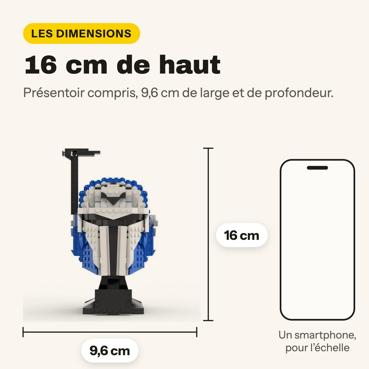 Medidas del casco de Bo-Katan en ladrillos compatibles con LEGO