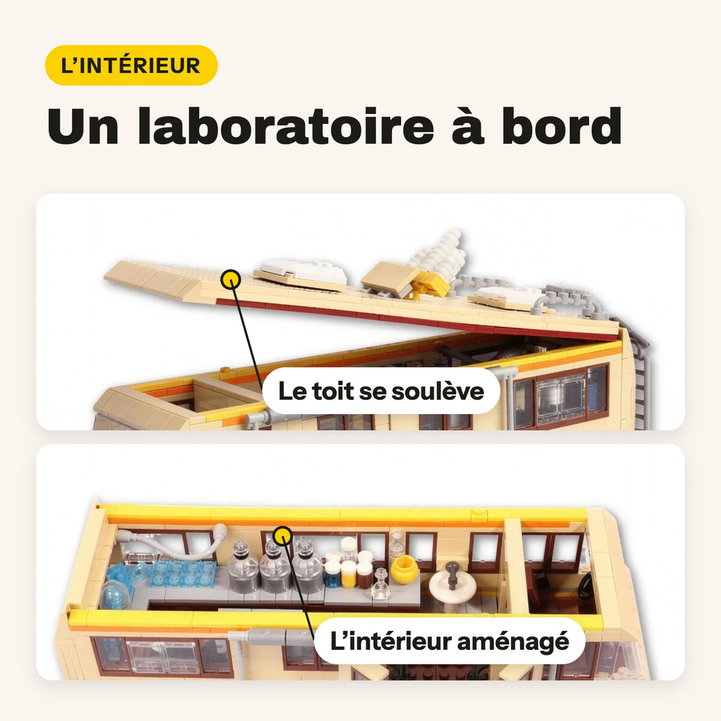 Techo que se abre y laboratorio interior de la autocaravana de Breaking Bad de ladrillos