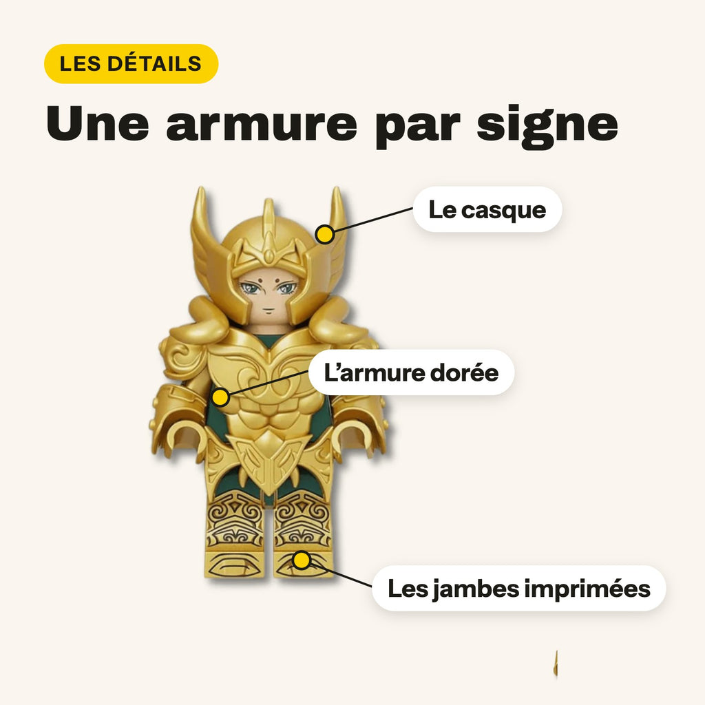 Detalles de una minifigura de Caballero del Zodiaco: casco, armadura dorada y piernas impresas