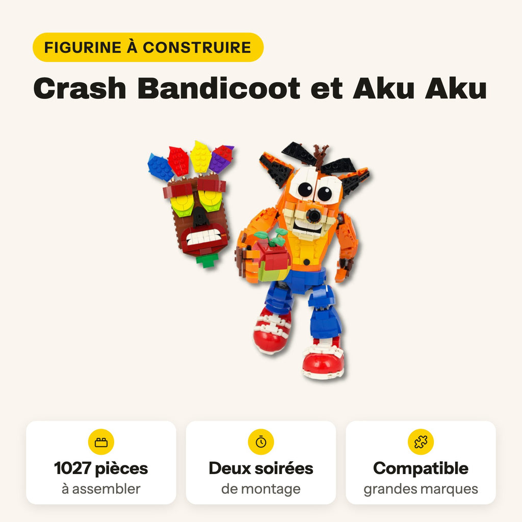 Figura de Crash Bandicoot y máscara de Aku Aku para construir, 1.027 piezas compatibles con LEGO