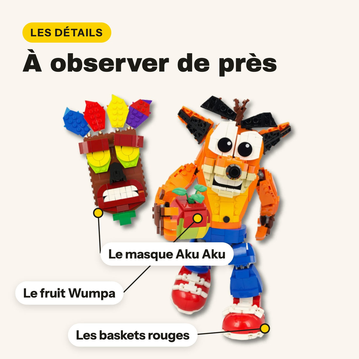 Detalles de Crash Bandicoot de ladrillos: máscara de Aku Aku, fruta Wumpa y zapatillas rojas