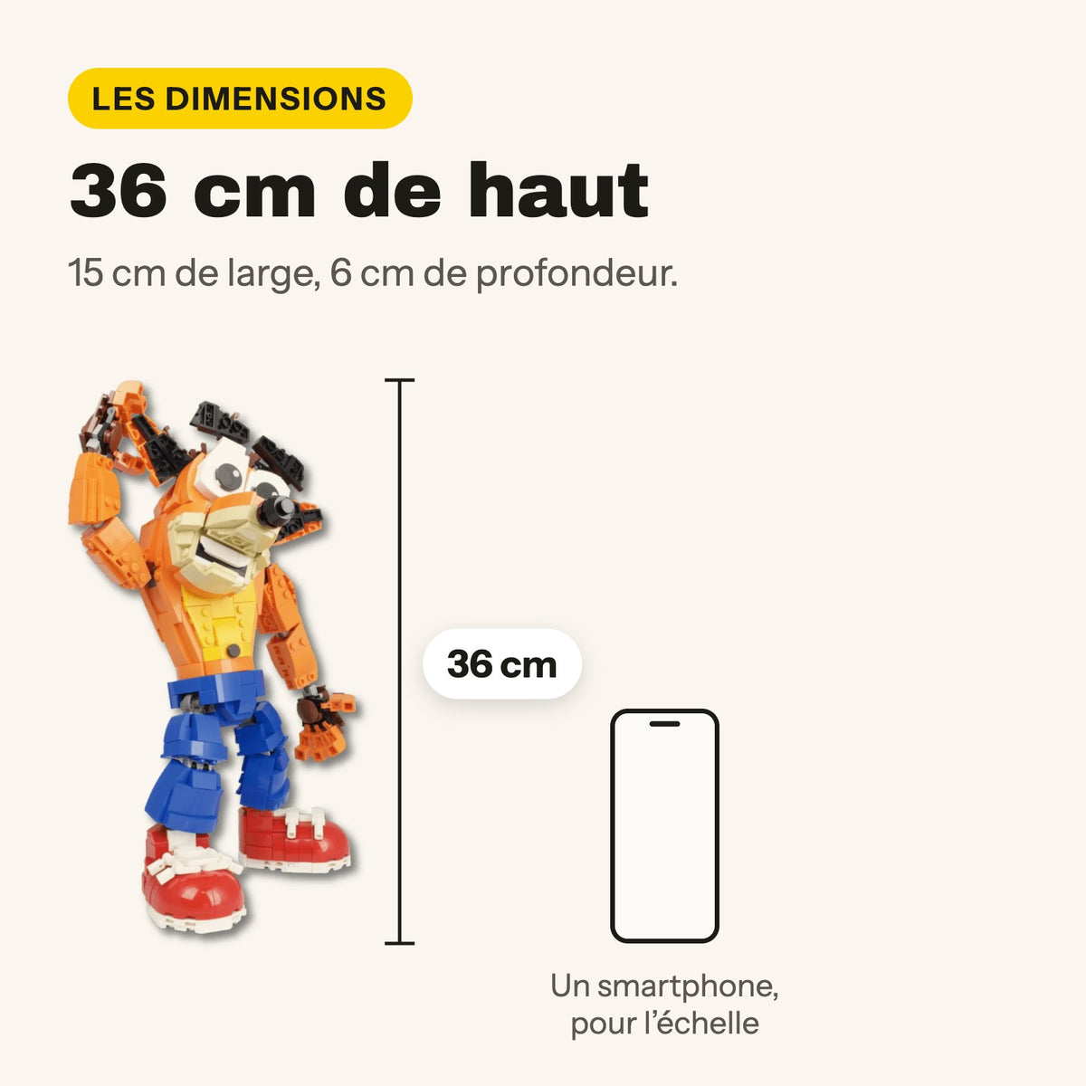 Medidas de la figura de Crash Bandicoot compatible con LEGO: 36 cm de alto, 15 cm de ancho y 6 cm de fondo