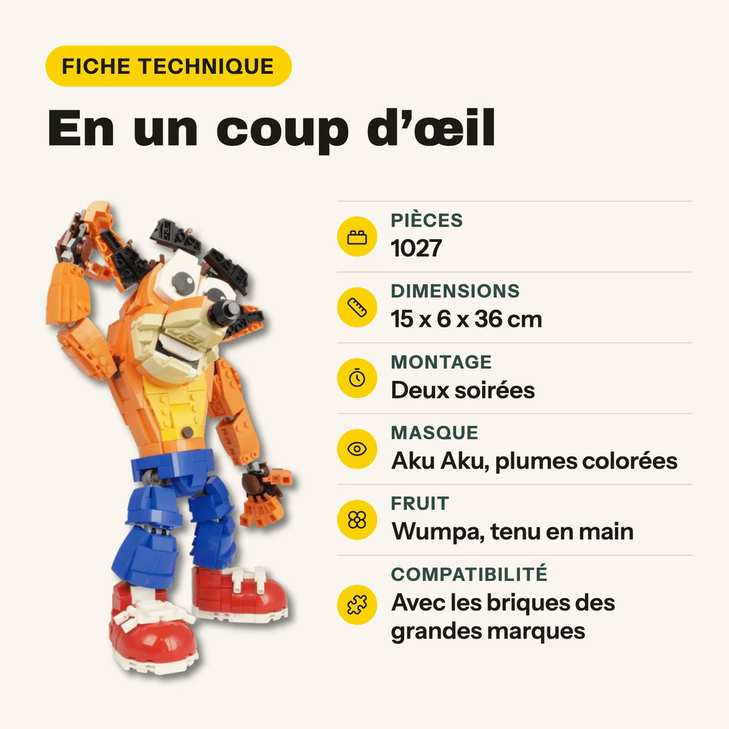 Ficha técnica de Crash Bandicoot para construir: 1.027 piezas, 15 x 6 x 36 cm