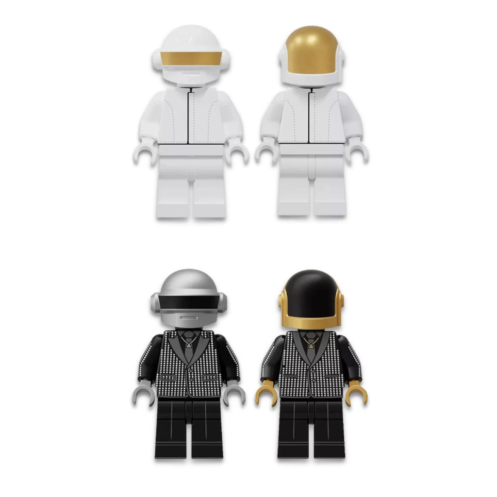Las cuatro minifiguras de Daft Punk para construir, trajes blancos y chaquetas negras, compatibles con LEGO