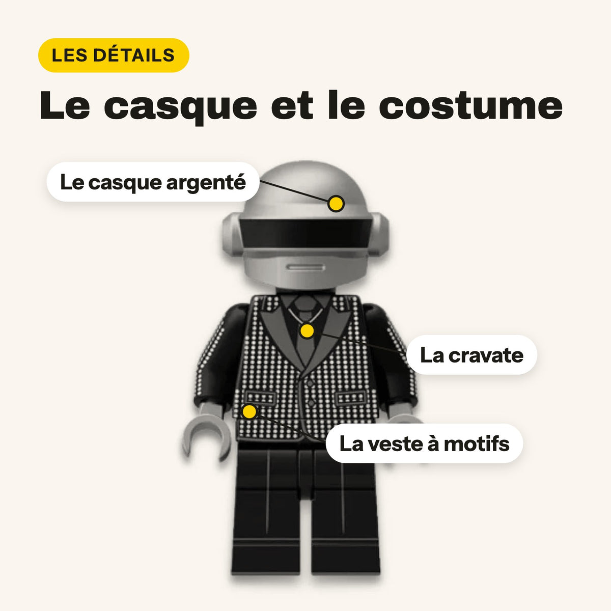 Detalles de la minifigura de Daft Punk: casco plateado, corbata y chaqueta de lentejuelas