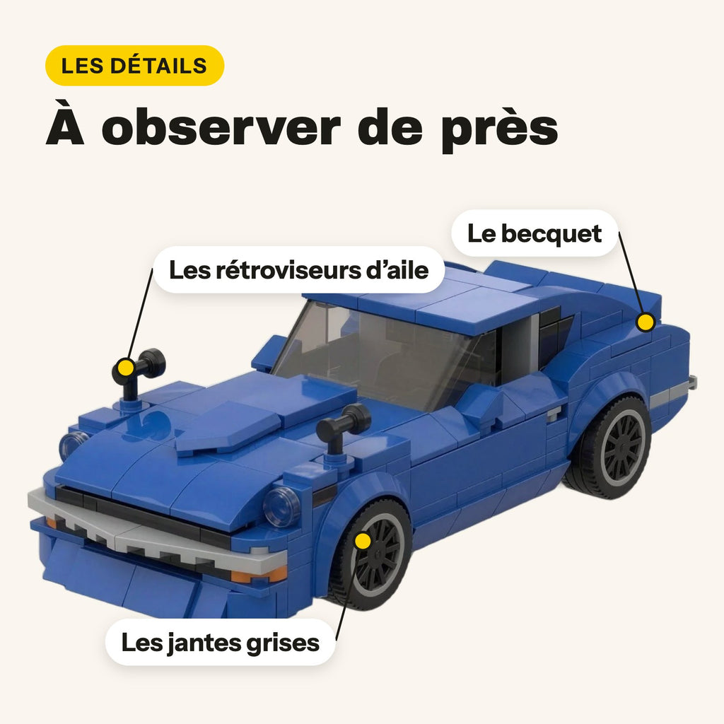 Detalles del Datsun 240Z en ladrillos: retrovisores en las aletas, llantas grises, alerón