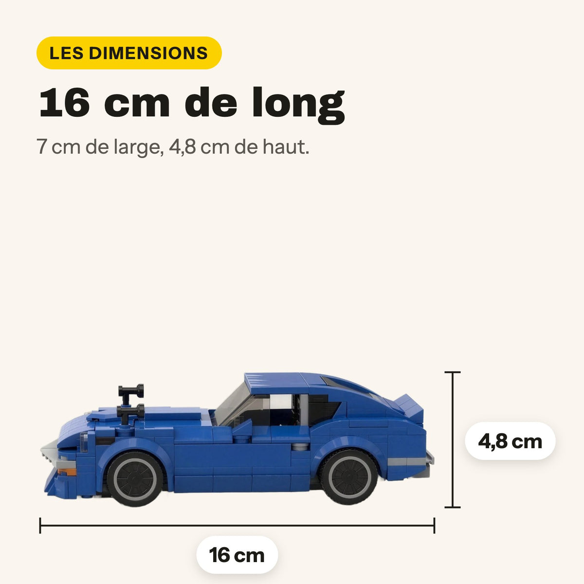 Medidas del Datsun 240Z compatible con LEGO: 16 x 7 x 4,8 cm