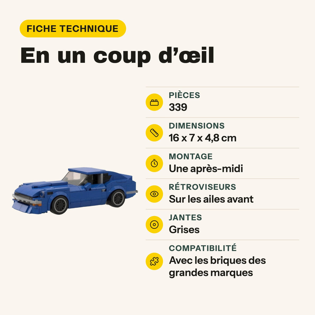 Ficha técnica del deportivo Datsun 240Z para construir con ladrillos, llantas grises