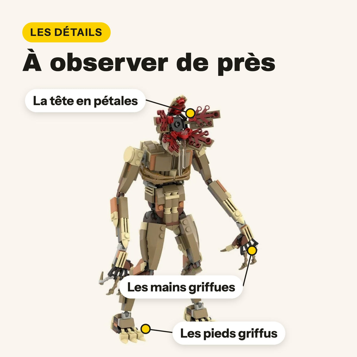 Detalles del Demogorgon de ladrillos: cabeza en pétalos, manos y pies con garras