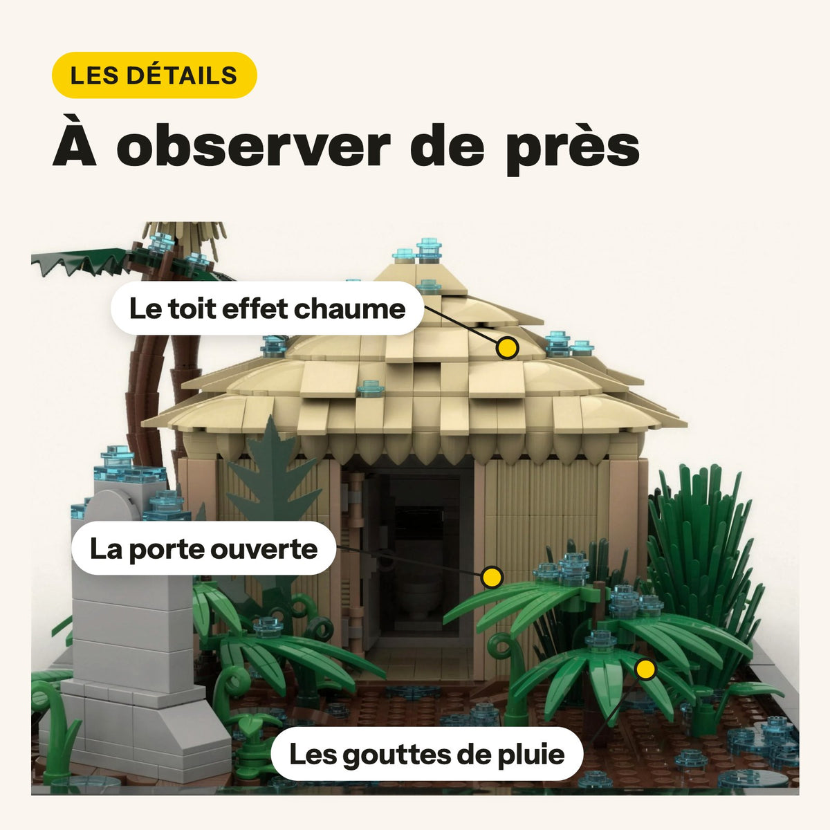 Detalle del tejado de paja y la puerta del baño de Jurassic Park para construir