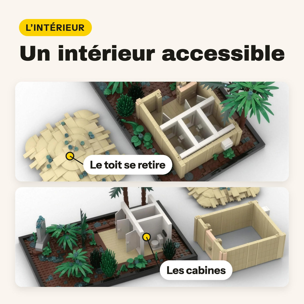 Interior del diorama del baño de Jurassic Park, tejado desmontable y cabinas de ladrillos