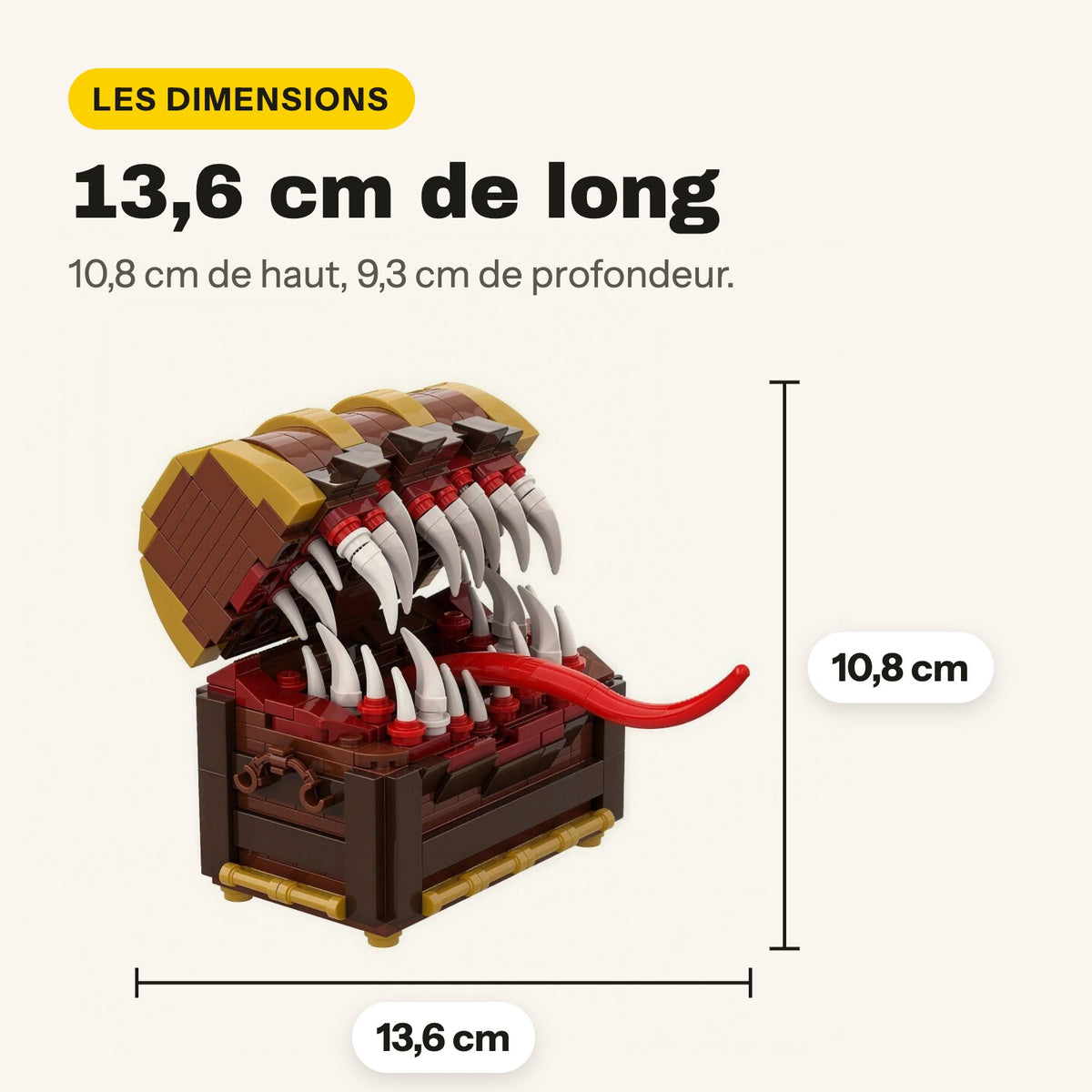 Medidas del mímico de Dungeons & Dragons compatible con LEGO: 13,6 x 9,3 x 10,8 cm