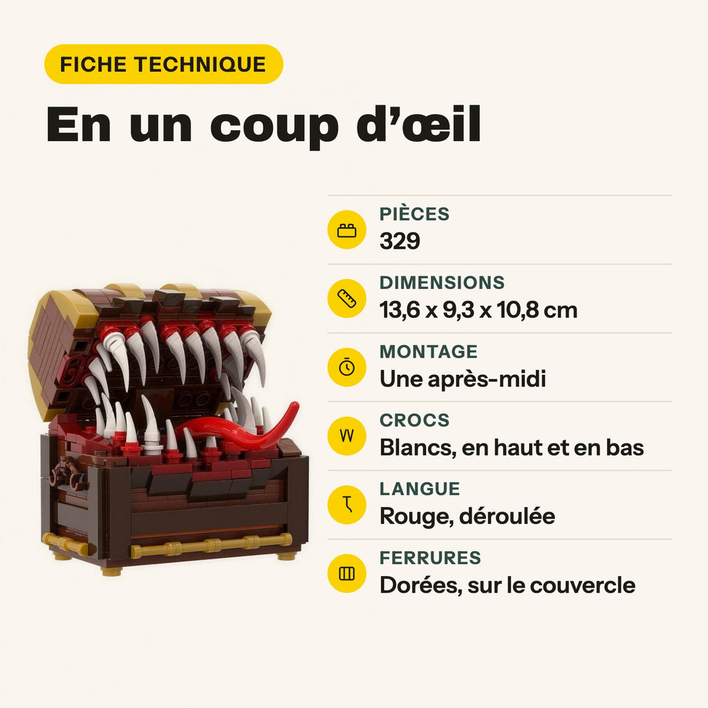 Ficha técnica del cofre mímico para construir: 329 piezas, compatible con LEGO