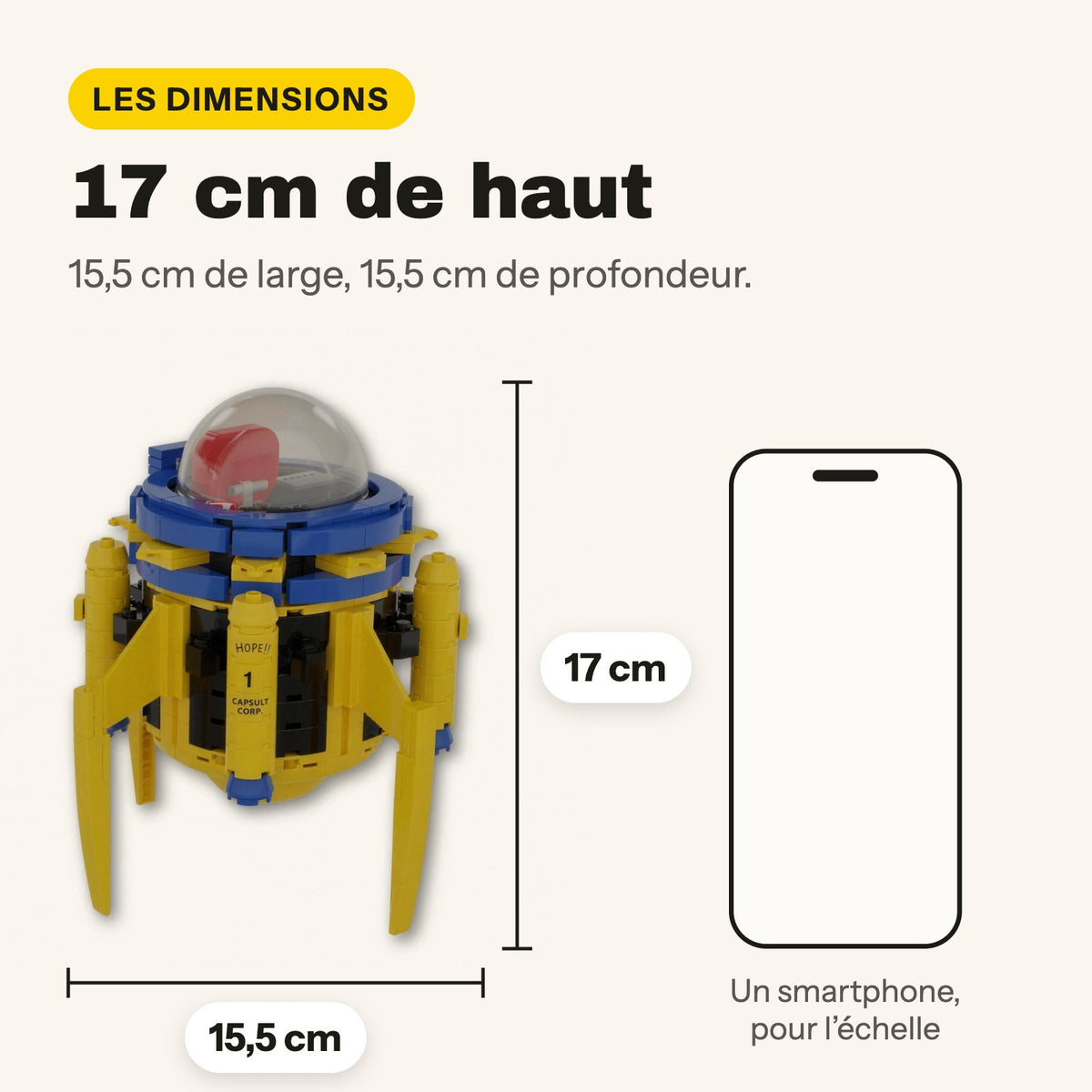 Dimensions de la machine à remonter le temps Dragon Ball compatible LEGO : 15,5 x 15,5 x 17 cm