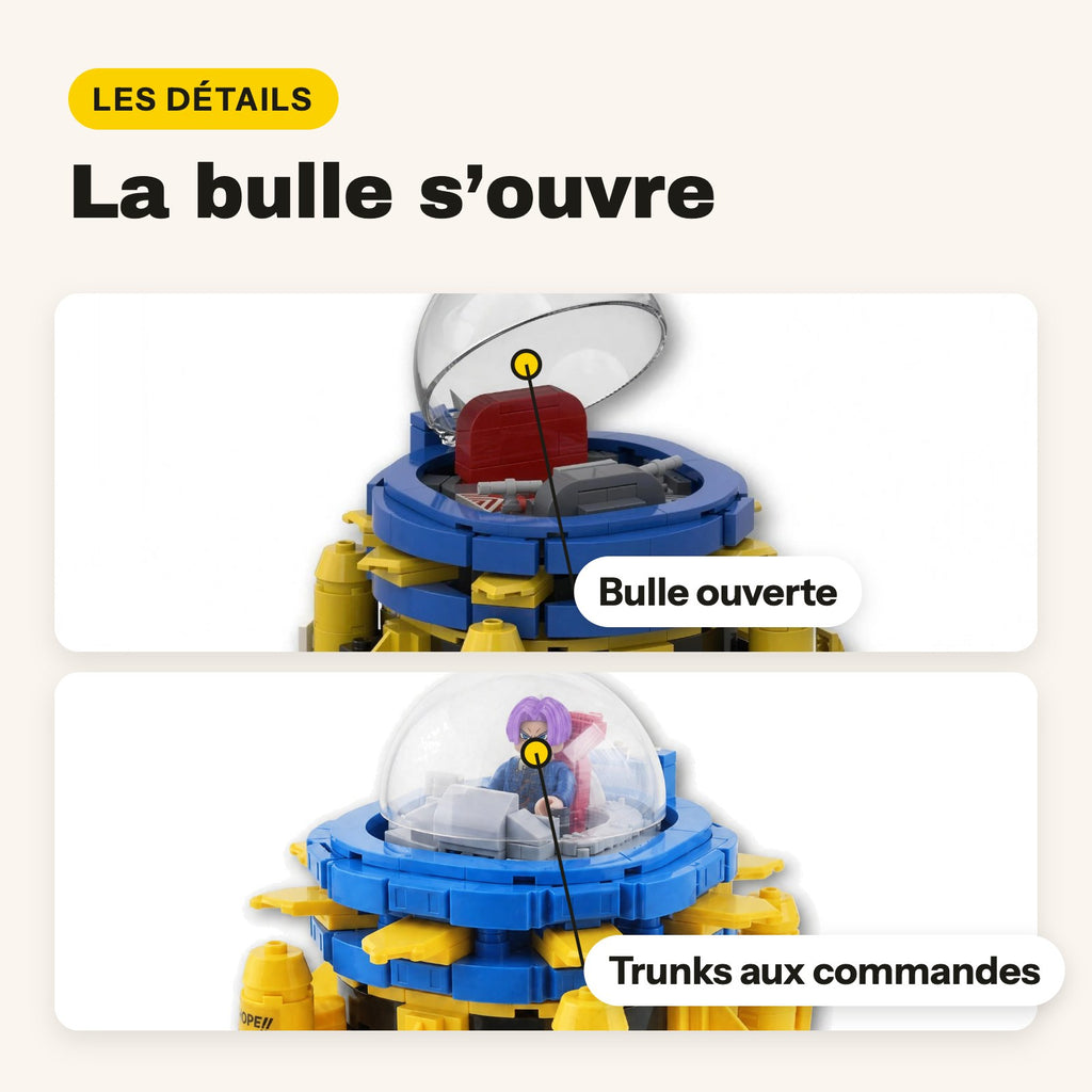 Bulle ouvrante et figurine Trunks de la machine à remonter le temps Dragon Ball en briques