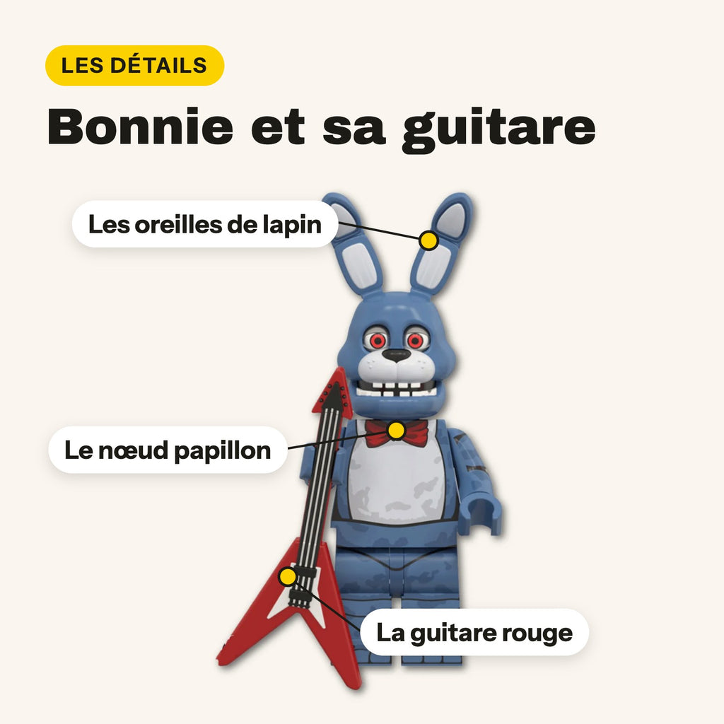 Detalles de la minifigura de Bonnie de Five Nights at Freddy's: orejas, pajarita y guitarra roja