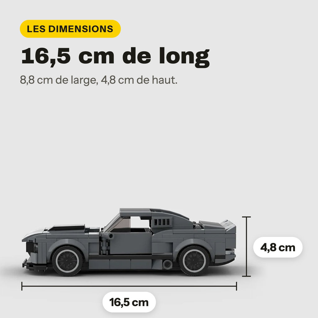 Medidas del Ford Mustang GT500 para construir compatible con LEGO: 16,5 x 8,8 x 4,8 cm