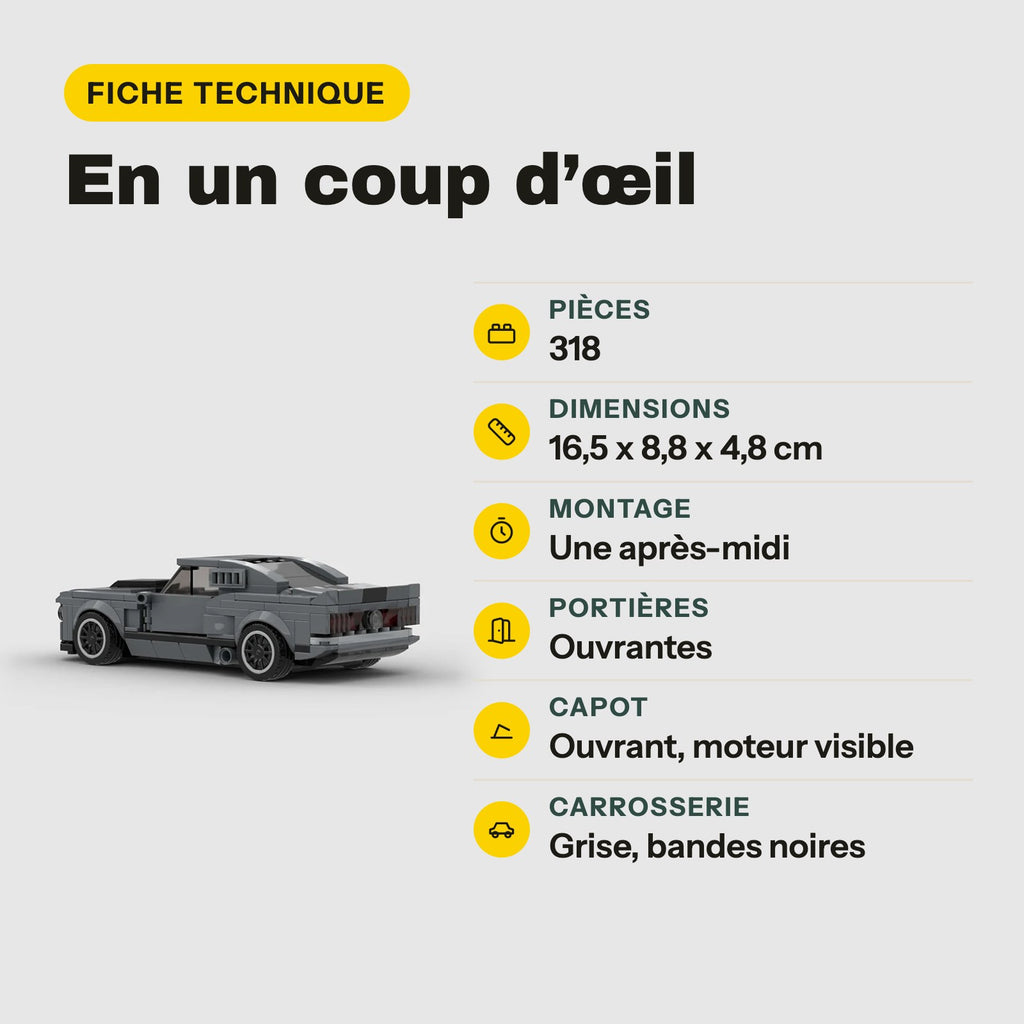 Ficha técnica del Mustang GT500 de ladrillos de construcción, 318 piezas, carrocería gris