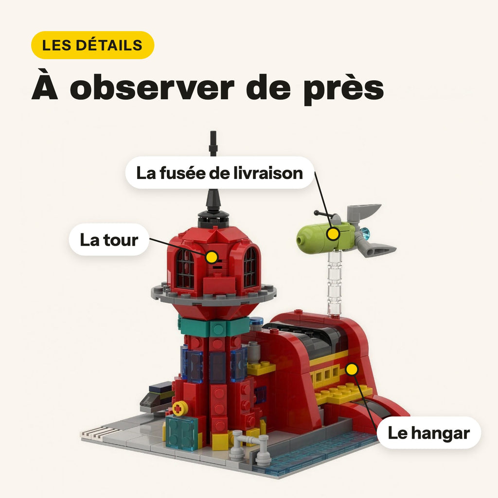 Detalles de la sede de Planet Express de Futurama de ladrillos: nave de reparto, torre y hangar