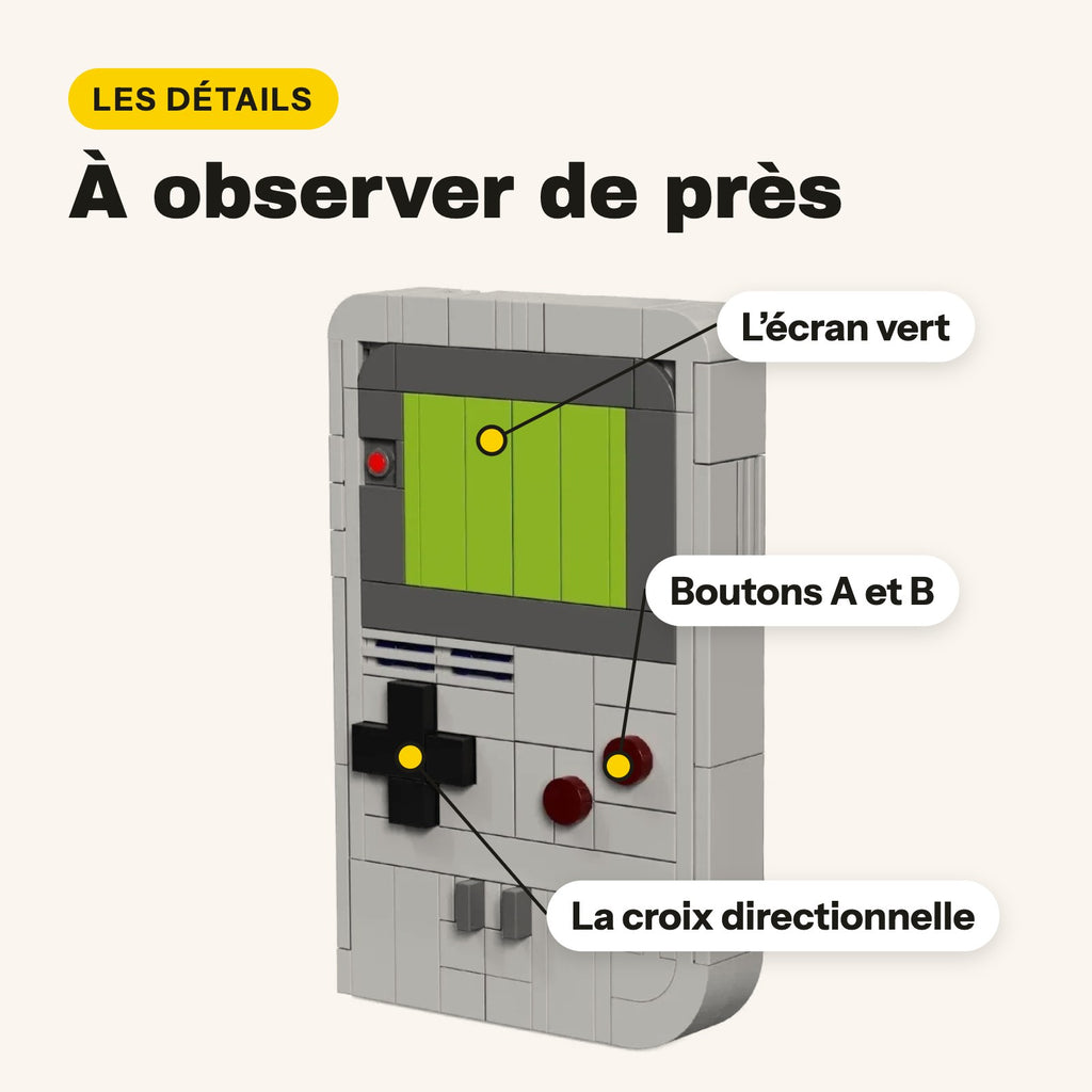 Detalle de la pantalla verde, la cruceta y los botones A y B de la Game Boy de ladrillos