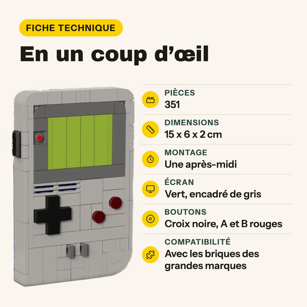Ficha técnica de la Game Boy de ladrillos compatibles con LEGO