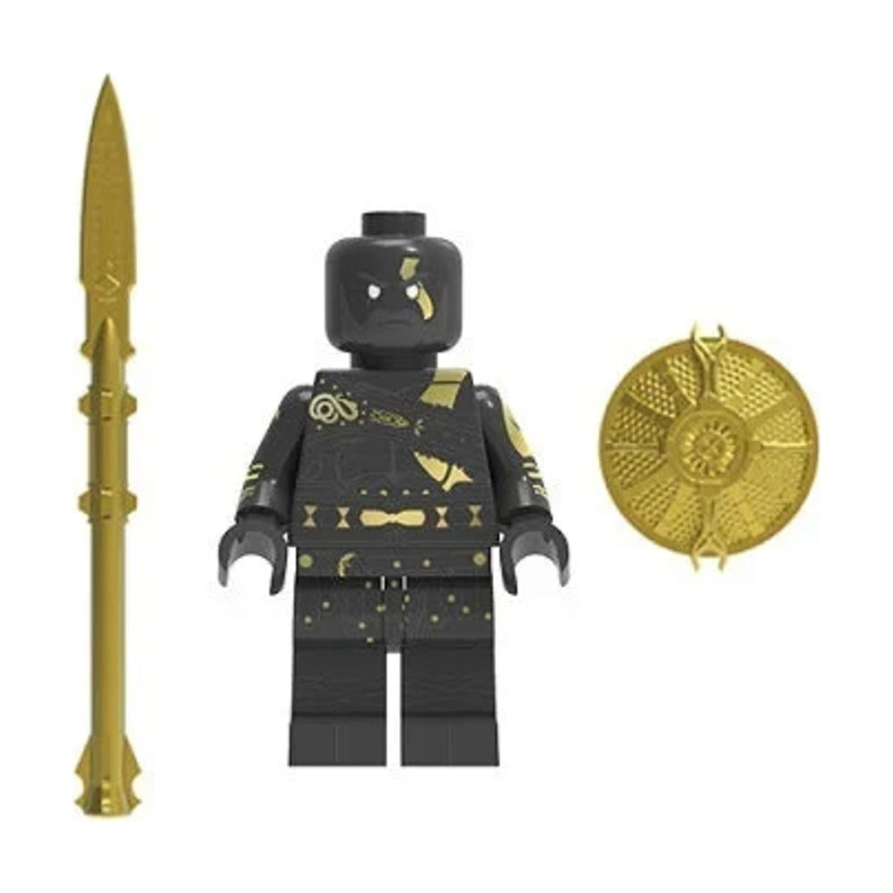 LEGO God of War, Kratos nordique noir et or avec sa lance et son bouclier