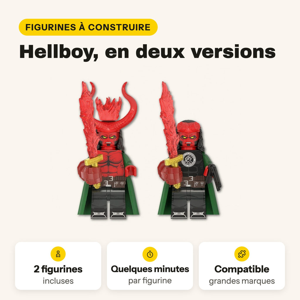 Dos figuras de Hellboy para construir con ladrillos compatibles con LEGO, cada una con su espada en llamas
