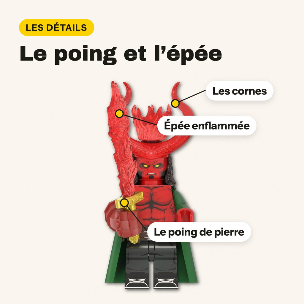 Detalles de la figura de Hellboy de ladrillos: espada en llamas, cuernos y mano de piedra