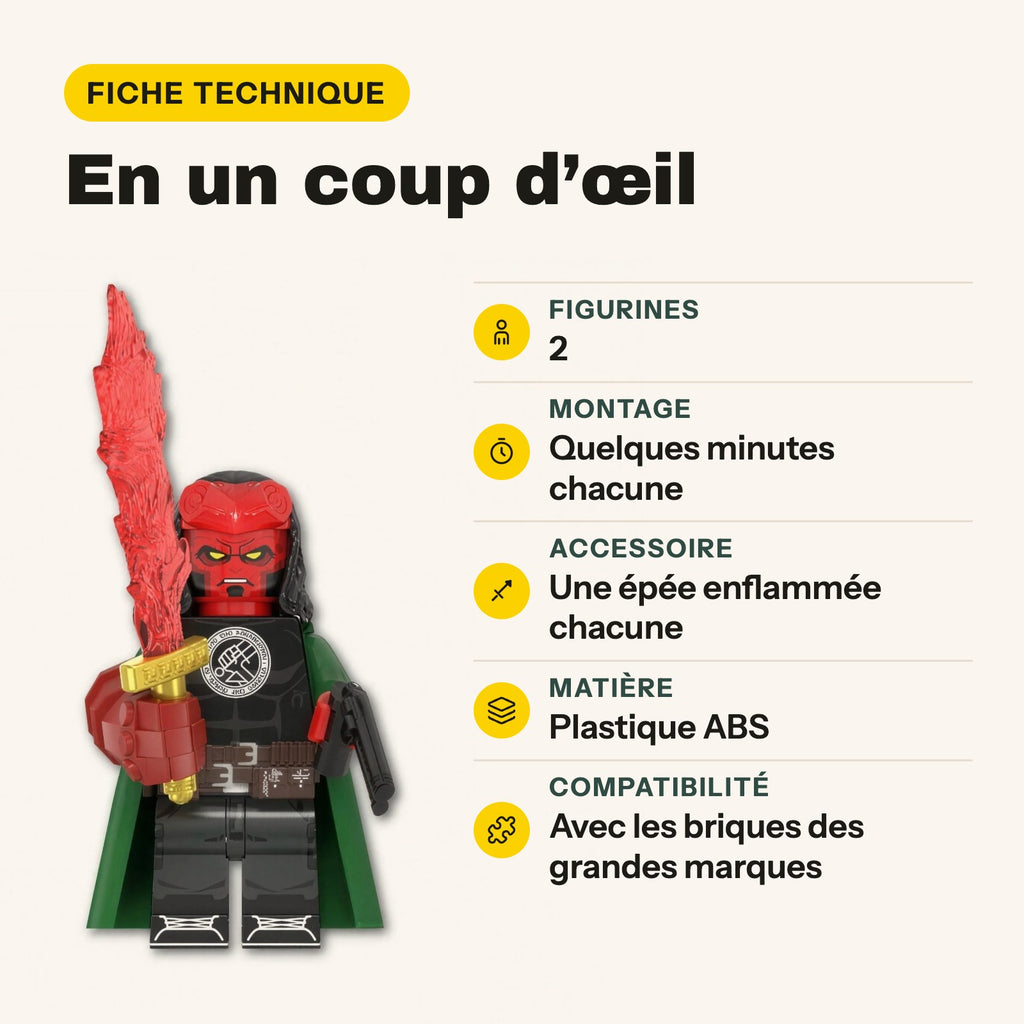 Ficha técnica del pack de dos figuras de Hellboy compatibles con LEGO, plástico ABS