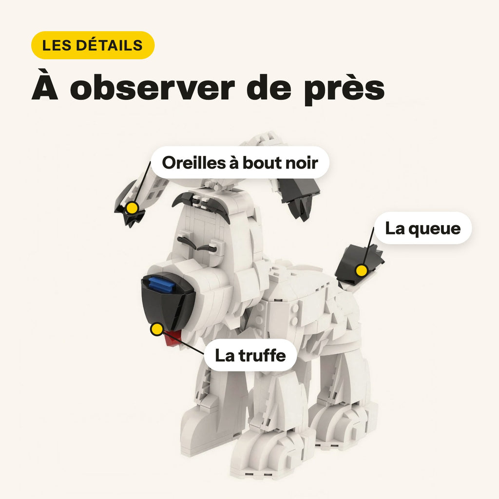 Detalles de Idéfix en ladrillos: orejas negras, nariz y cola
