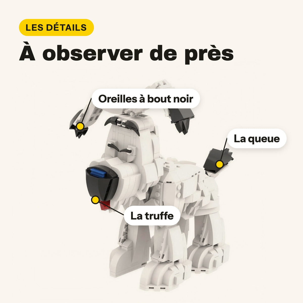 Detalles de Idéfix en ladrillos: orejas negras, nariz y cola