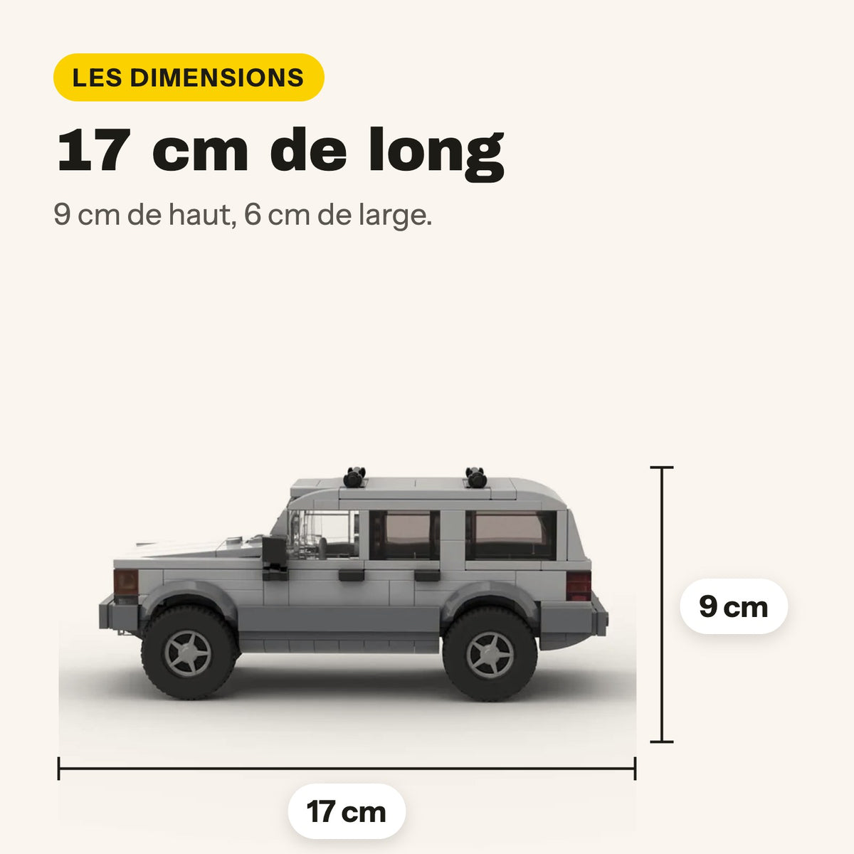 Dimensions de la Jeep Cherokee à construire : 17 cm de long, 6 cm de large, 9 cm de haut