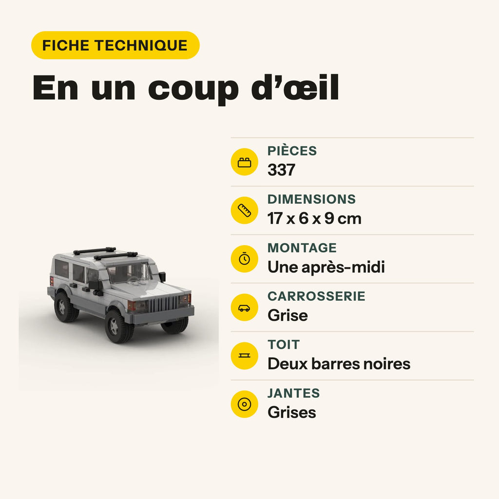Fiche technique de la Jeep Cherokee 1993 en briques compatibles LEGO, carrosserie grise