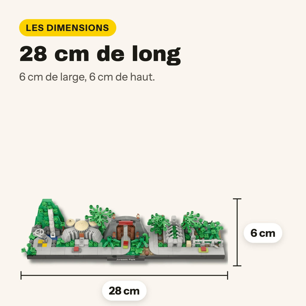 Diorama de Jurassic Park a escala micro compatible con LEGO, a lo largo y a lo alto