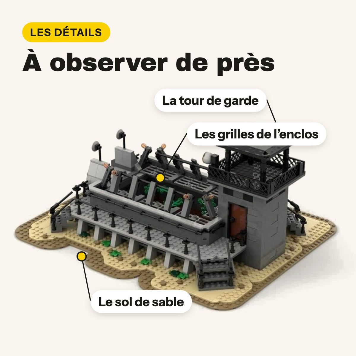 Torre de vigilancia, rejas y suelo de arena del recinto de los raptores de Jurassic Park de ladrillos