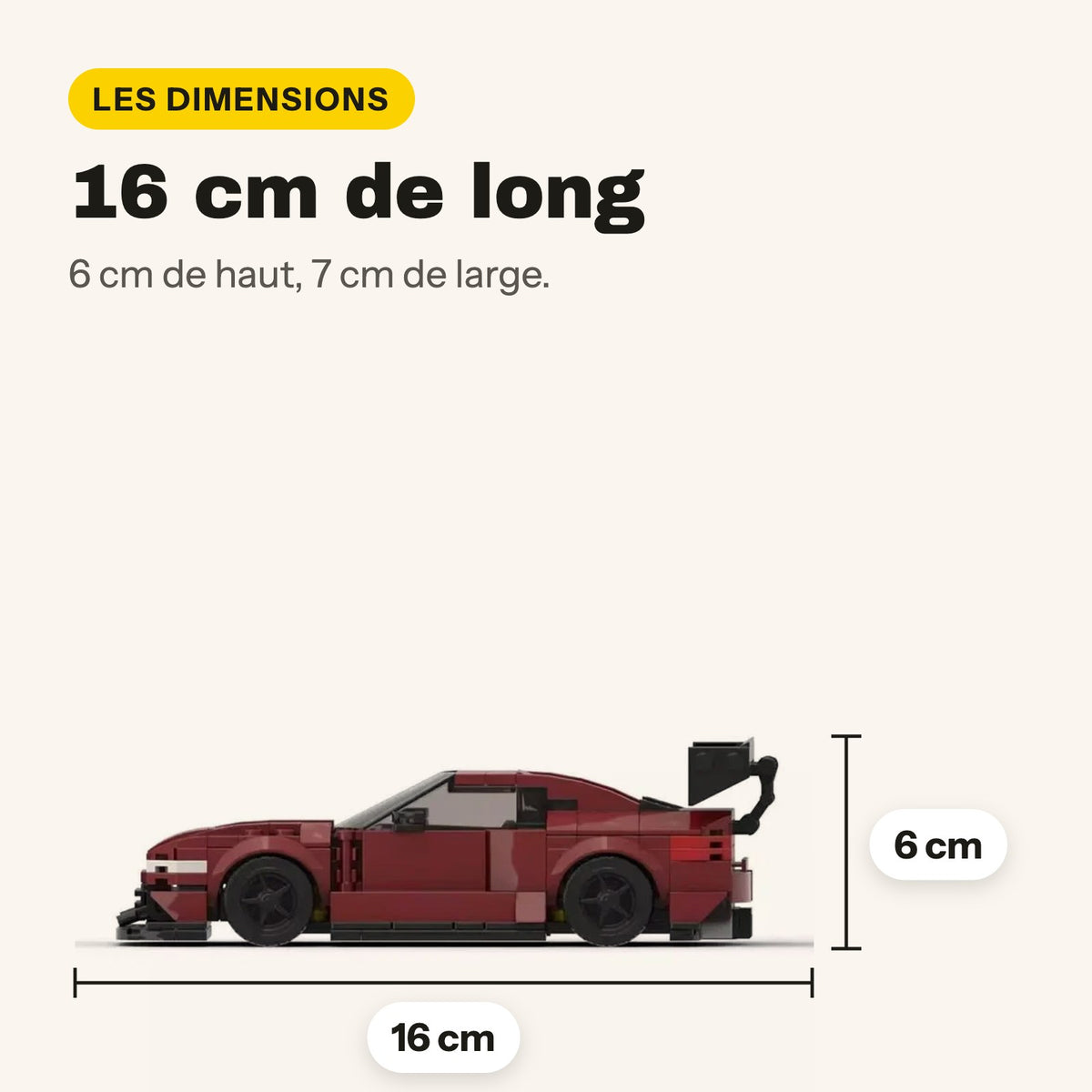 Medidas del Nissan 240SX para construir: 16 cm de largo, 7 cm de ancho y 6 cm de alto