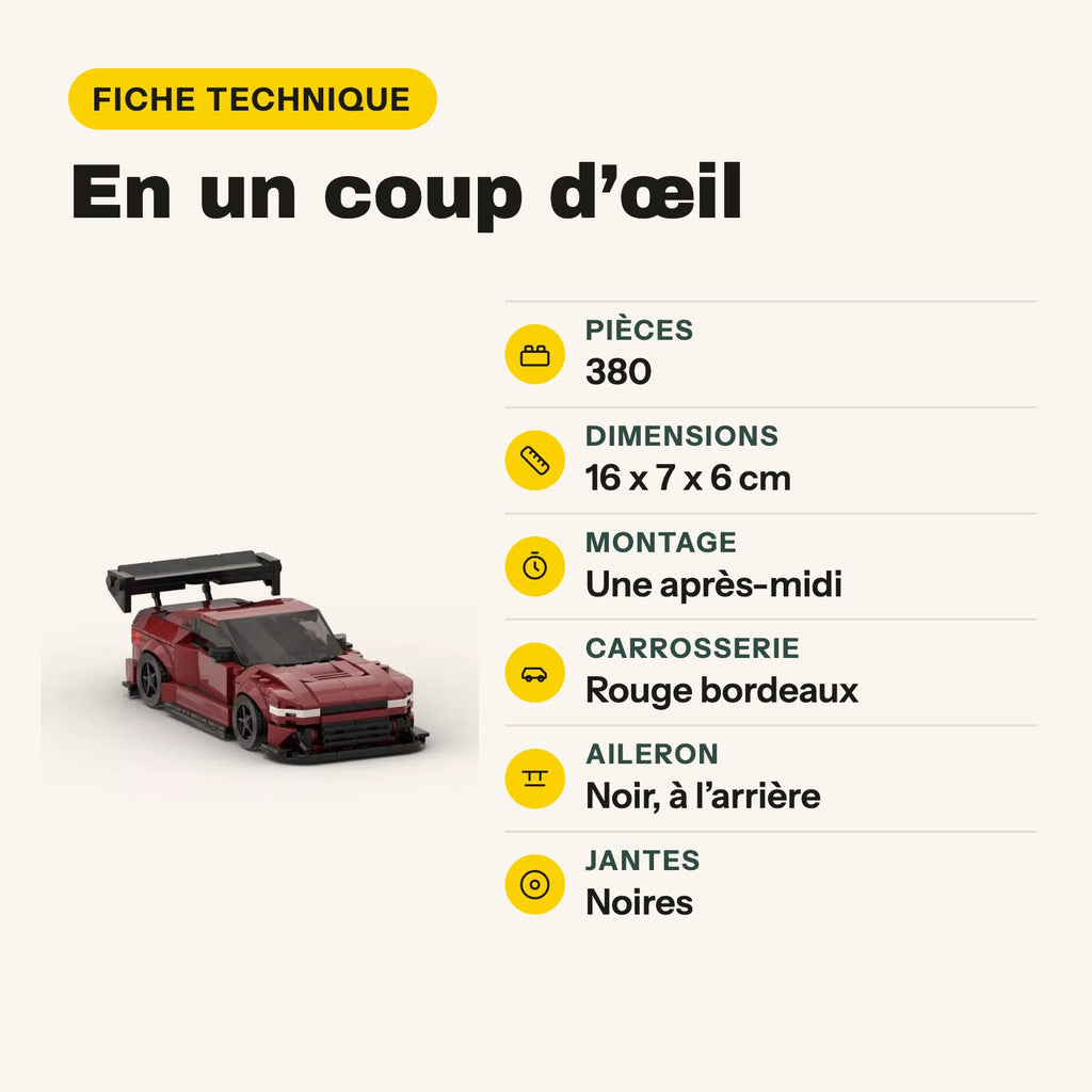 Ficha técnica del Nissan 240SX 1996 de ladrillos compatibles con LEGO, rojo burdeos