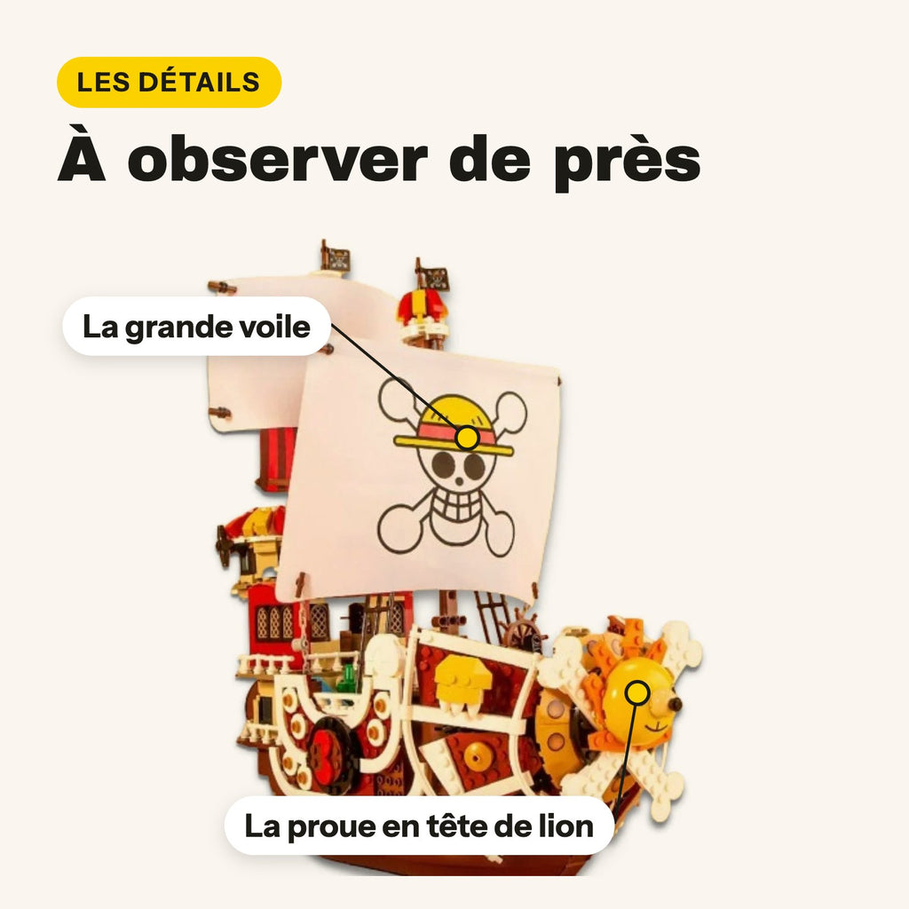 Détails du Thousand Sunny en briques : grande voile et proue en tête de lion