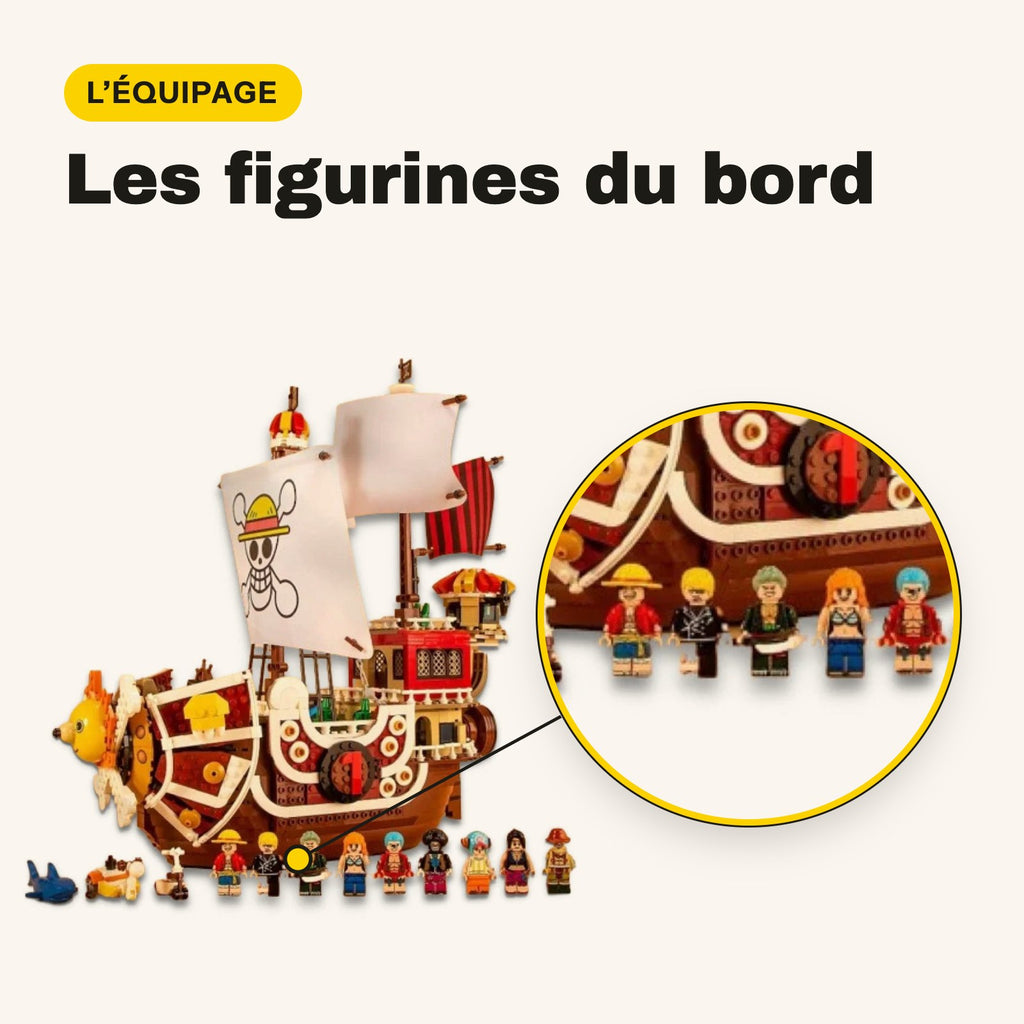 Figurines de l'équipage du bateau One Piece en briques, vues de près