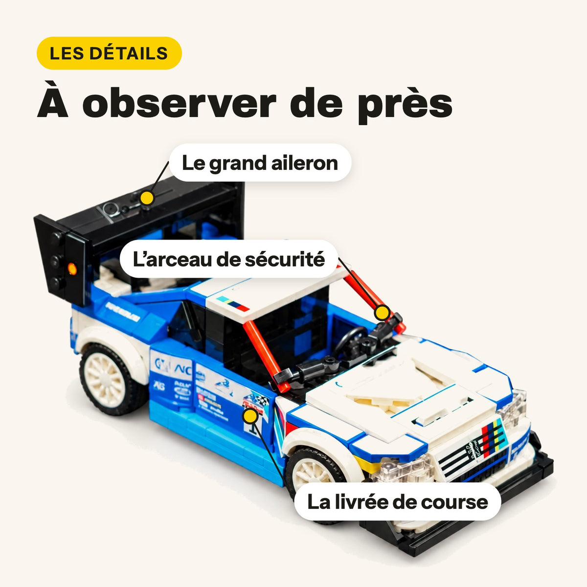 Detalles del Peugeot 405 T16 de ladrillos: gran alerón, arco de seguridad y decoración de carreras